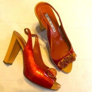 KATE Made in Italy Vero Cuoio Size 37 Orange Heels Peep Toe Chunky Heel Ribbon